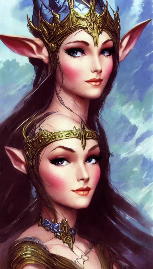Image similar to elven princess character portrait by frank frazetta, fantasy, dungeons & dragons, sharp focus, beautiful, artstation contest winner, detailed