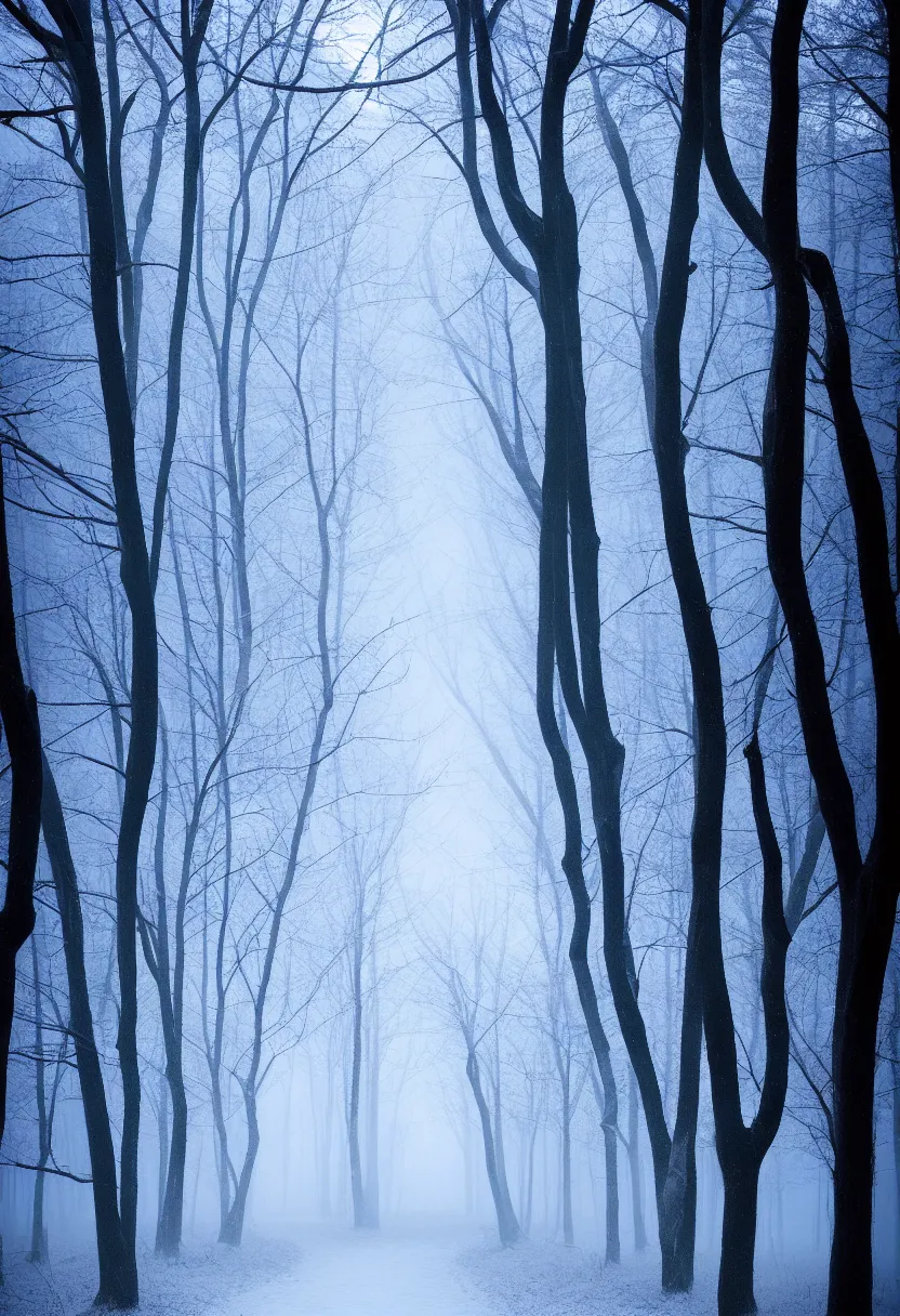 Prompt: eerie photo of a backlit path in the middle of a frozen winter morning spooky forest, treelined, fog, award winning photography, mystical, ultra high definition, ultra detailed,