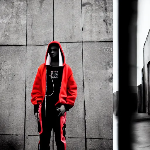 Image similar to fashion photography of an alien model, wearing hip - hop outfit, hoodie, inside berghain, berlin fashion, photo 3 5 mm leica, hyperdetail, berghain, 8 k, very detailed