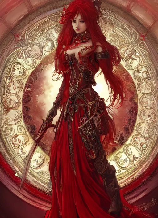 Prompt: red fantasy sword, intricate, elegant, highly detailed, digital painting, 4k, HDR, concept art, detailed jewelry, smooth, sharp focus, illustration, art by Artgerm, Alphonse Mucha