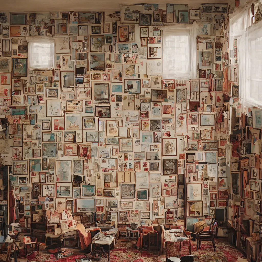 Image similar to promotional photograph of a room in the style of Wes Anderson, architecture magazine, dezeen, 50mm, pentax, film