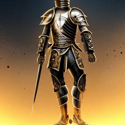 Image similar to knight soldier wearing ebony gold armor and horned helmet, detailed digital artwork, symmetrical, highly detailed, warm background lighting, highly accurate, deep aesthetic, 8 k, highly ornate intricate details, cinematic lighting, rich colors, ray tracing, hyperrealistic, photorealistic, cinematic landscape, trending on artstation,