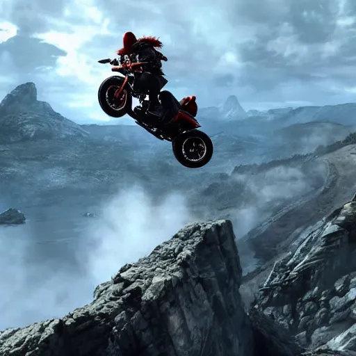 Prompt: kratosjumping a black harley - davidson motorcycle off a cliff, cinematic render, playstation studios official media, god of war 2 0 1 8, flames, centered