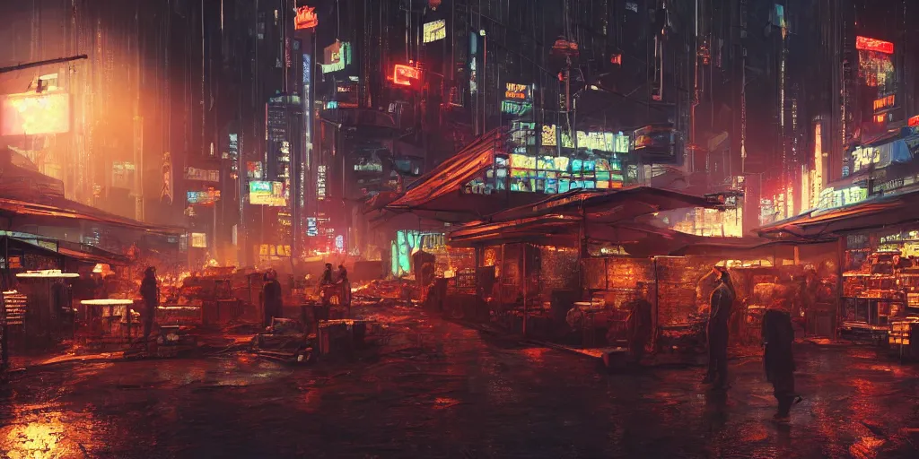 Prompt: a cyberpunk market, in night, trending on art station, hyper realistic, atmospheric, cinematic landscape, octane render, art by dylan cole, craig mullin,