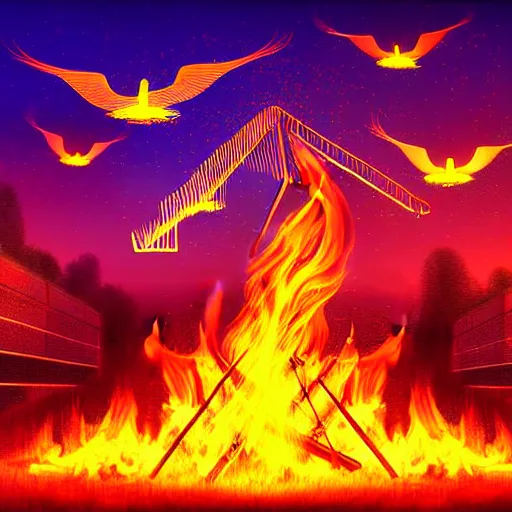 Image similar to in the lower part of the picture is the harp burning in the fire, above are cranes flying in flames, digital painting, concept art