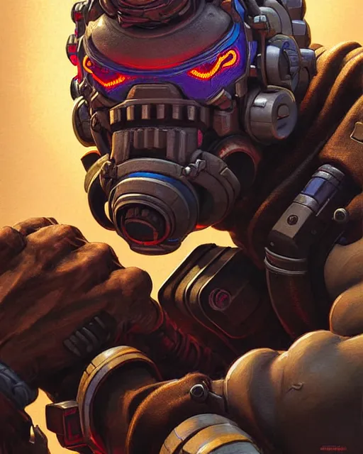 Image similar to doomfist from overwatch, character portrait, portrait, close up, concept art, intricate details, highly detailed, vintage sci - fi poster, retro future, vintage sci - fi art, in the style of chris foss, rodger dean, moebius, michael whelan, and gustave dore