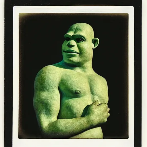 Prompt: Polaroid photo of fragmented greek sculpture of Shrek