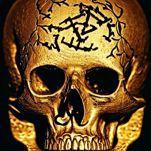 Image similar to chiaroscuro Baroque Still life photo of golden skull etched with detailed and intricate ancient runes, overtaken by plant ivy filigree, lit by a single god ray of shining light.