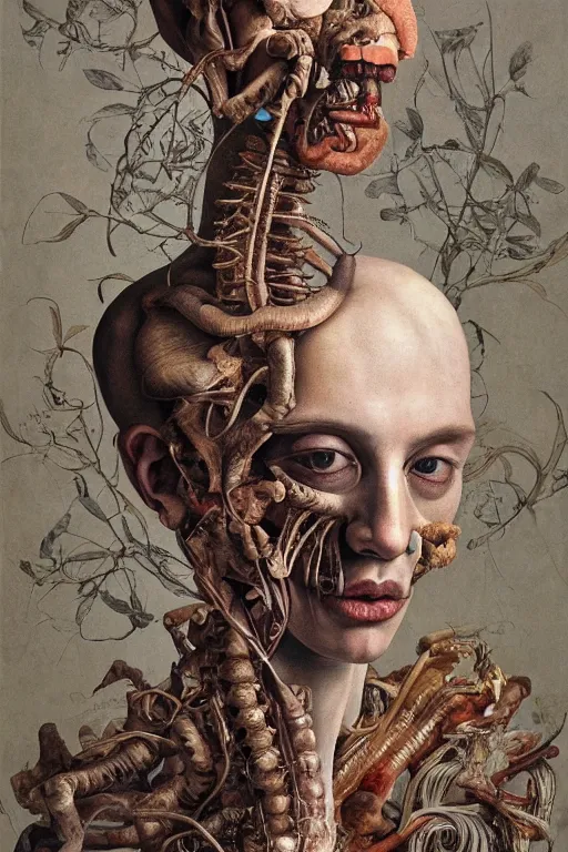 Image similar to Detailed maximalist portrait of a greek god with large lips and eyes, scared expression, botanical anatomy, skeletal with extra flesh, HD mixed media, 3D collage, highly detailed and intricate, surreal illustration in the style of Jenny Saville, dark art, baroque, centred in image