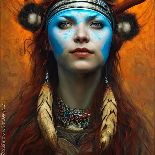 Image similar to A young female shaman, blue hair and antlers on her head. blindfolded, heilung, in the style of Heather Theurer, made by karol bak