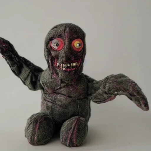 Image similar to creepy creature toy from a bad 90s commercial, vhs footage