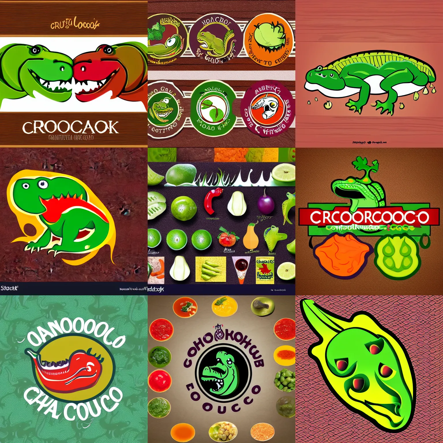 Prompt: logo design options for crocoloco hot - sauce, centralized vector of crocodile face with steam coming from nostrils, habanero. tomatillo, chipotle, plum fruits surrounding