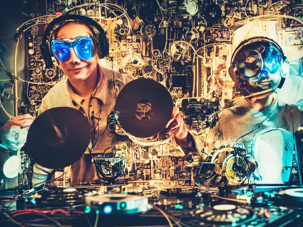 Image similar to a person wearing goggles and visor and headphones using a steampunk record player contraption, wires and tubes, turntablism dj scratching, intricate planetary gears, cinematic, imax, sharp focus, leds, bokeh, iridescent, black light, fog machine, hazy, lasers, hyper color digital art, cyberpunk