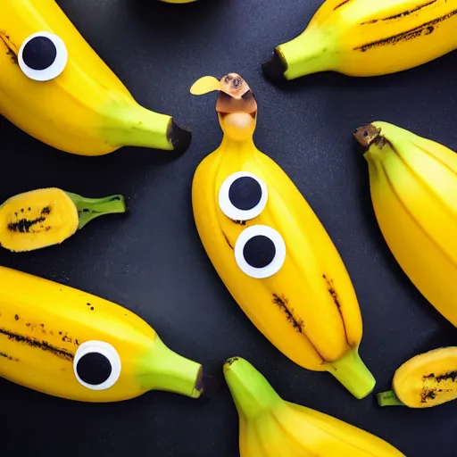 Image similar to professional photograph of banana ducks, peeled bananas with googly eyes and duck beaks