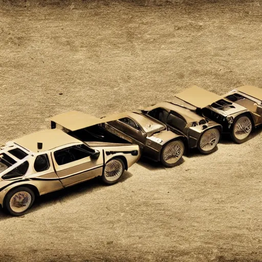 Image similar to a birds - eye view sepia photograph of a delorean in a line with covered wagons and cattle