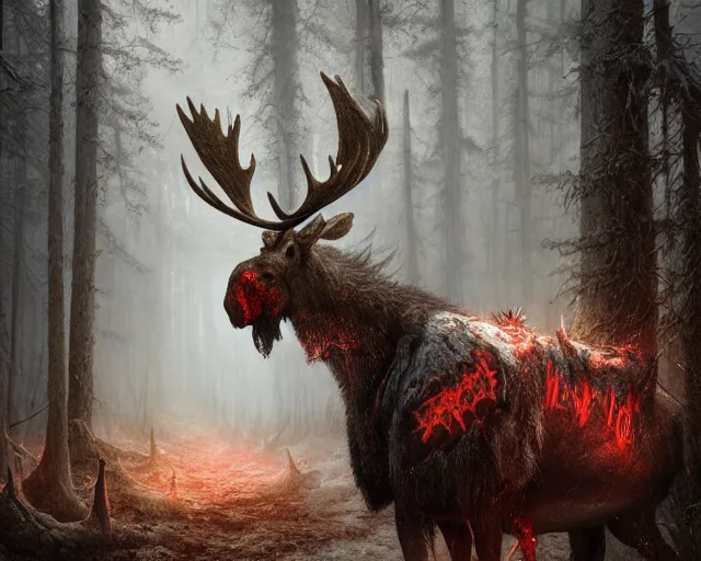 Image similar to 5 5 mm portrait photo of an armored demonic undead rotting moose with red eyes antlers and looking at the camera, in a magical forest. magical atmosphere. art by greg rutkowski and luis royo. highly detailed 8 k. intricate. lifelike. soft light. nikon d 8 5 0.