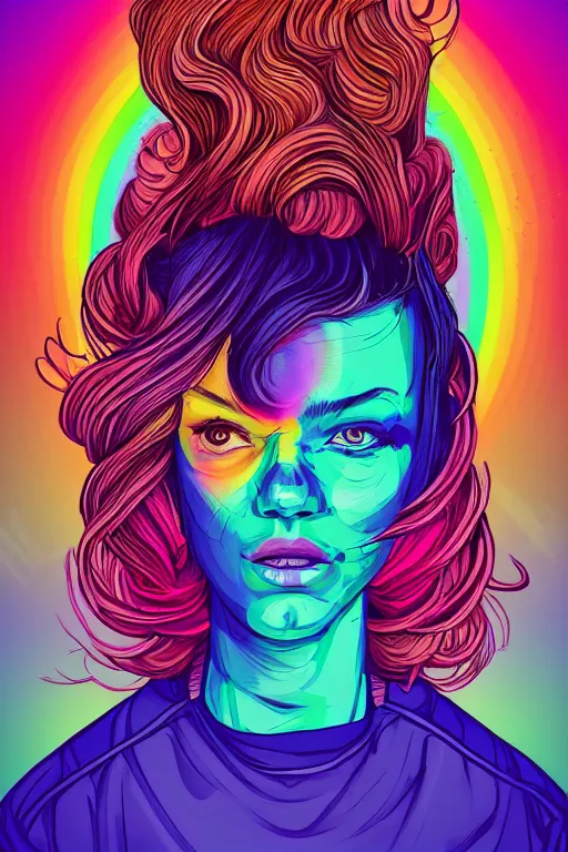 Image similar to a award winning half body portrait of a beautiful woman with stunning eyes in a printed croptop and cargo pants with rainbow colored ombre hairstyle head in motion and hair flying by josan gonzales, outrun, vaporware, shaded flat illustration, digital art, trending on artstation, highly detailed, fine detail, intricate