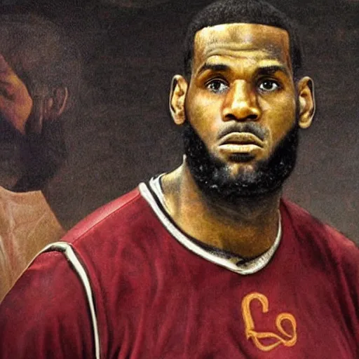 Image similar to a renaissance painting of lebron james, detailed face