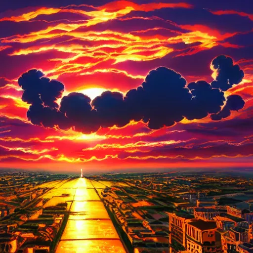 Prompt: key anime visual portrait of an italian city sunset, cumulonimbus clouds, modern anime still, 4 k