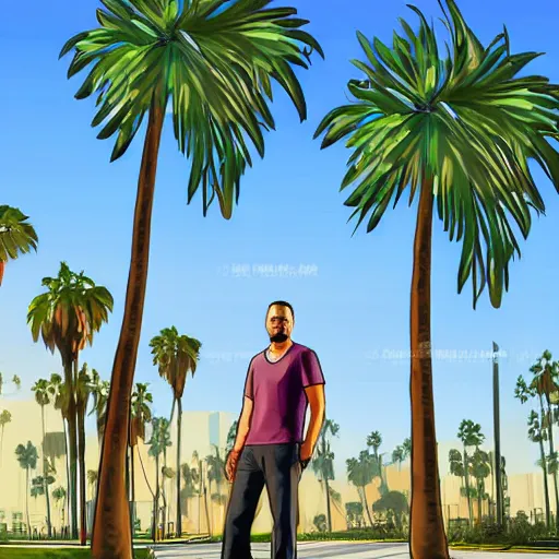 Prompt: Bill Murry in GTA V. Los Santos in the background, palm trees. In the art style of Stephen Bliss