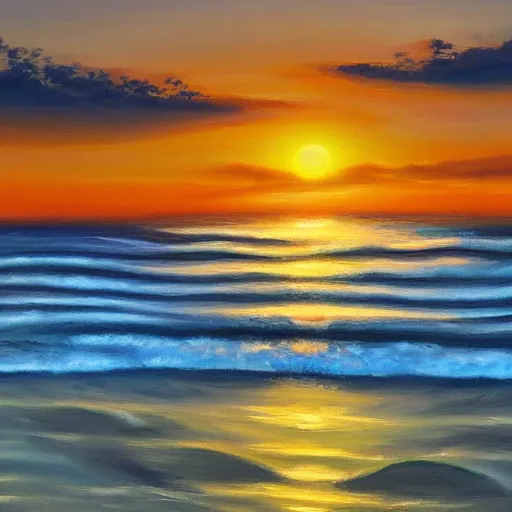 Image similar to sea, wavy, sun at dawn reflecting on the sea cloudy oil painting 4 k