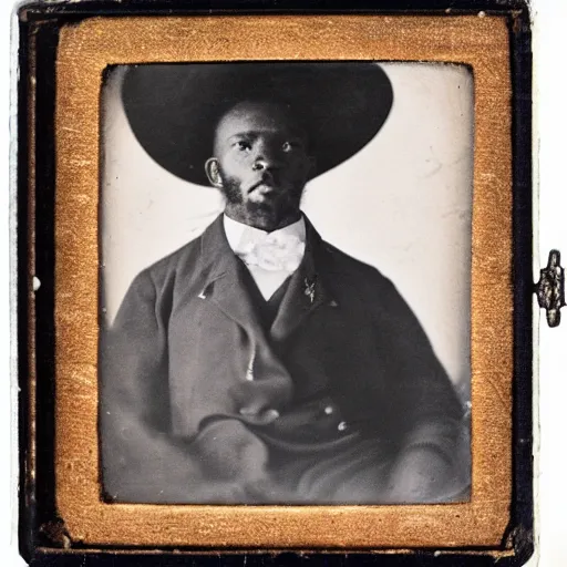 Prompt: Black man with comically large cowboy hat daguerreotype