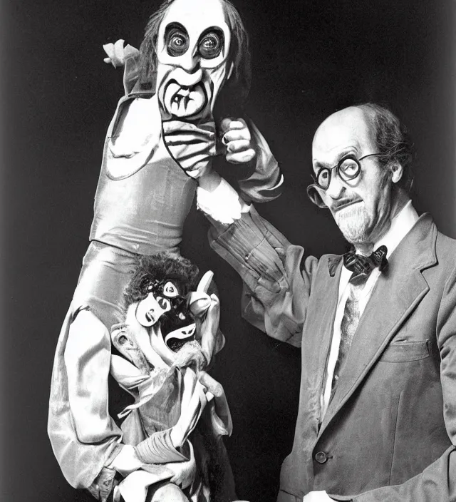 Image similar to hyper realistic old 1 9 8 0 photography of lunatic mad ventriloquist occultist old man with terrific haunted devil puppet