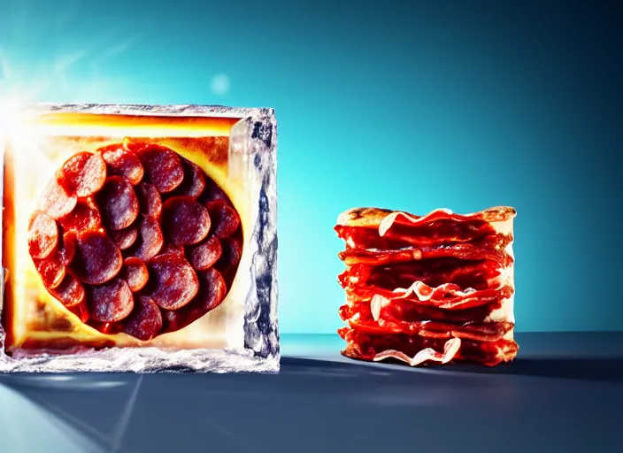 Prompt: clear highly detailed photorealistic food photograph of a big ice cube with a pizza frozen inside the cube with salami pepperoni, the cube refracts the sunlight, volumetric, the ice cubes laying on marvel stone