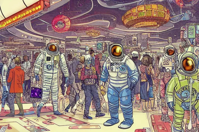 Prompt: an astronaut entering a bustling cyberpunk casino on mars, filled with people, robots, cyborgs, aliens, by geof darrow