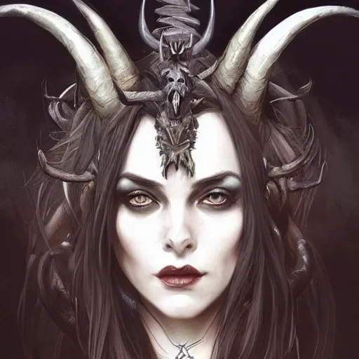 Prompt: a beautiful illustration of a satanic witch with horns in head, skulls, looking at camera, attractive, casual, modern, highly detailed, digital painting, artstation, concept art, smooth, sharp focus, illustration, art by artgerm, greg rutkowski and alphonse mucha