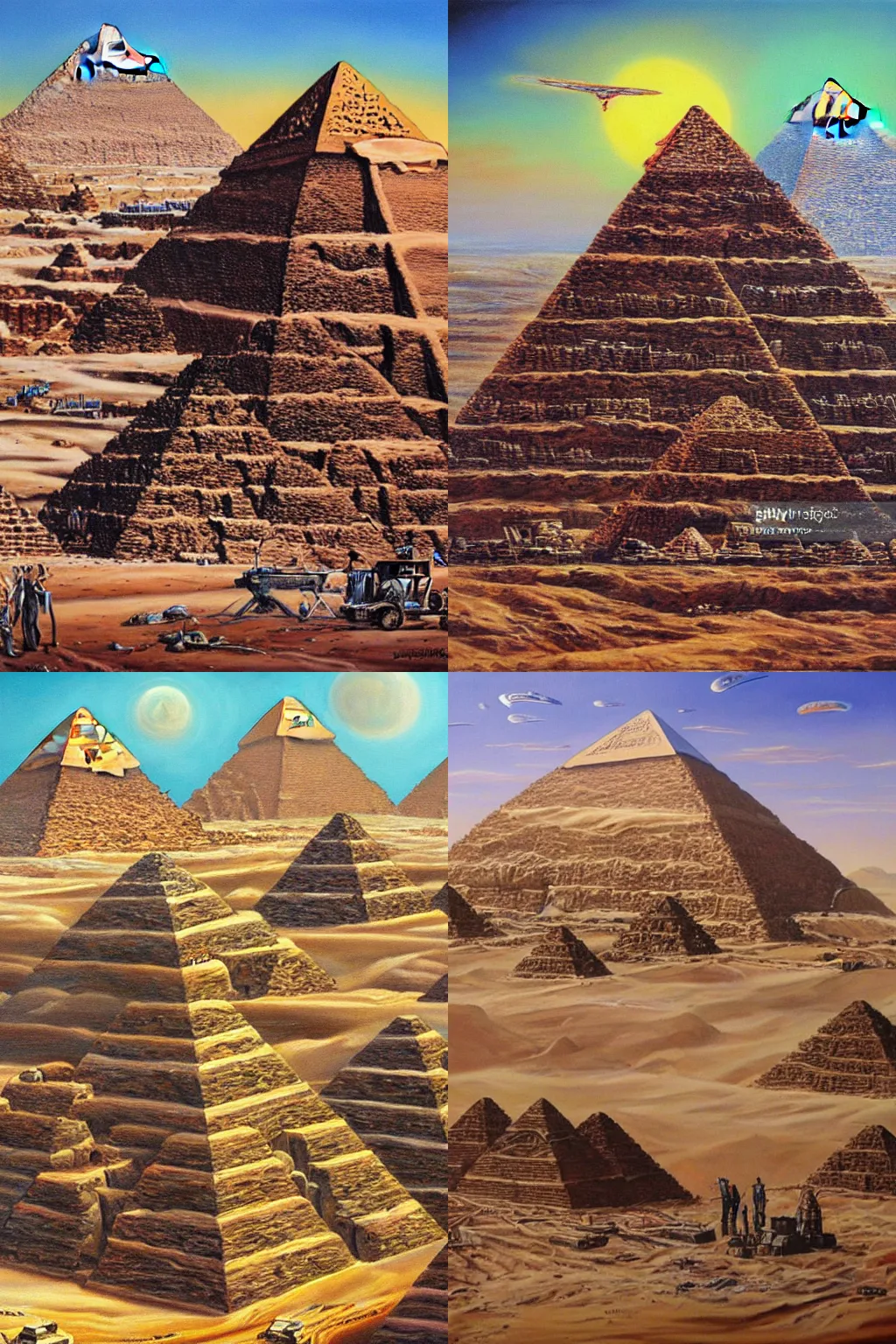 Prompt: stunning oil painting of UFOs building the pyramids, highly detailed, high quality, masterpiece, 4k