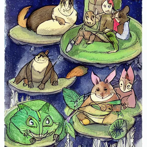 Prompt: colored illustration, for The Wind in the Willows, in style of studio ghibli