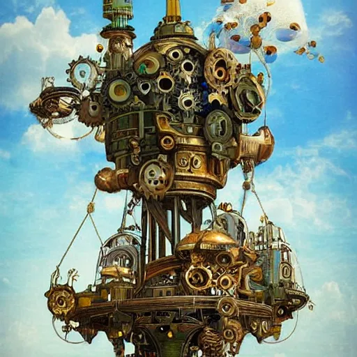 Image similar to flying city in a mechanical flower, sky!, fantasy art, steampunk, masterpiece