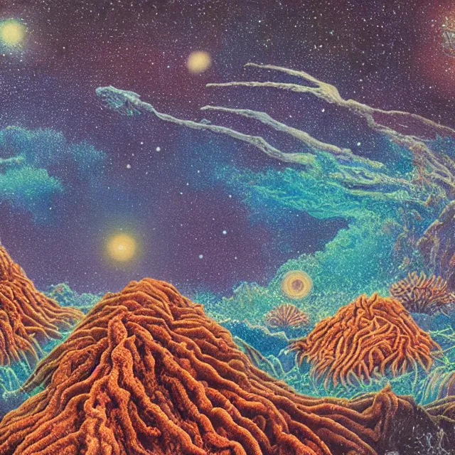 Prompt: album art of an alien landscape made out of different corals and stardust, omni magazine, detailed