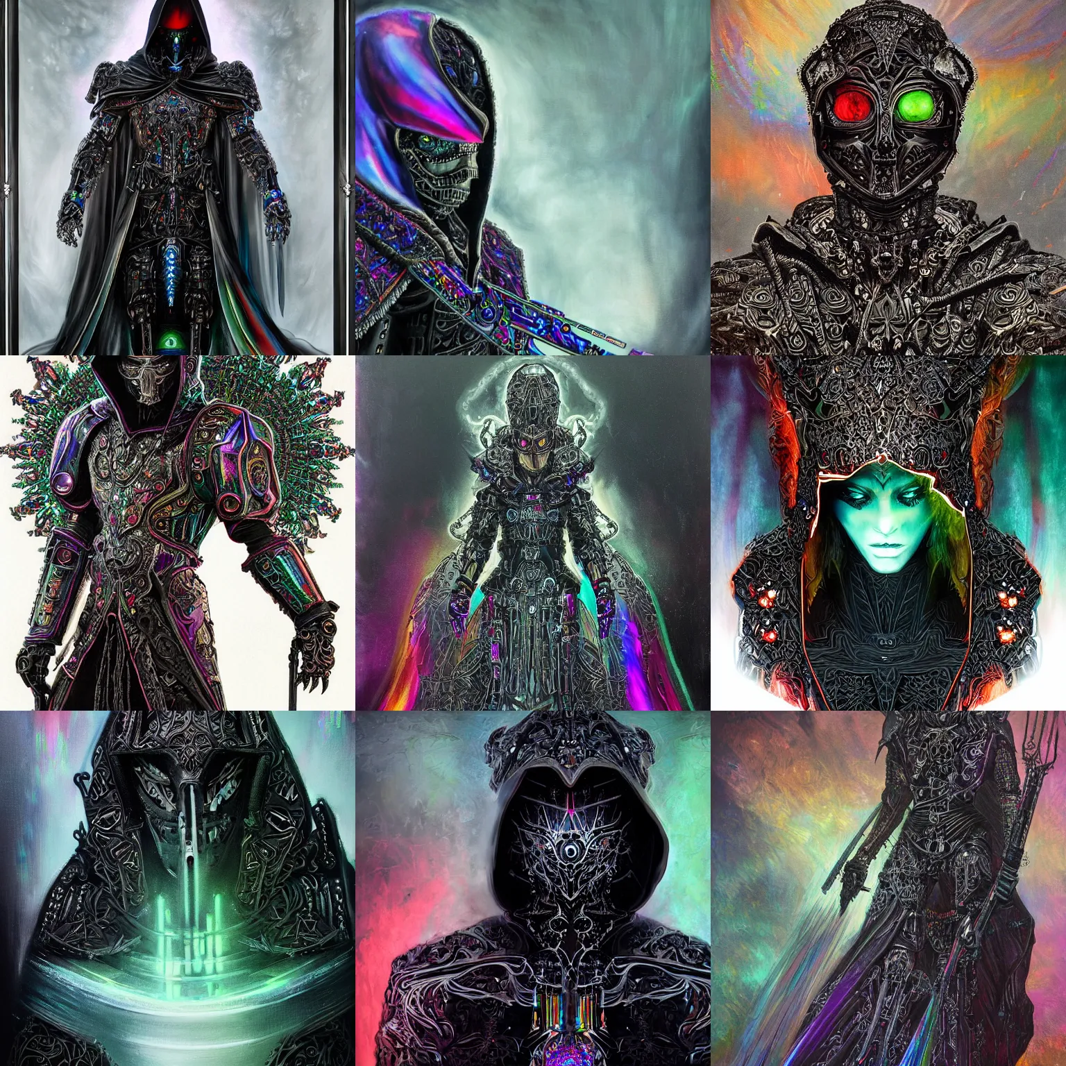 Prompt: An ominous moody painting of a hooded warrior entity wearing a partially cybernetic intricate ornate black cloak and brandishing a powerful intricate ornate rainbow crystal sword, concept art, futurism, scifi, intricate black armor encrusted in iridescent microchips and ornate precious colorful crystals, highly detailed elegant cybernetic body, iridescent, vivid rainbow of colors, iridescent glistening smoke and fire, digital painting, dark epic megastructure background, artstation, concept art, smooth, symmetric, elegant, ornate, luxury, elite, matte painting, cinematic, trending on artstation, deviantart and cgsociety