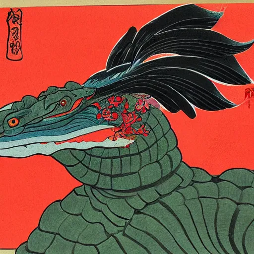 Image similar to a painting of a komodo dragon wearing samurai garb and a ronin straw hat in an ukiyo e style