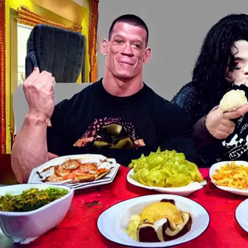 Image similar to obese john cena and michael jackson eating mukbang