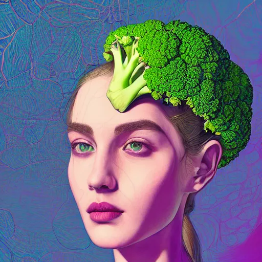 Image similar to the portrait of broccoli that resembles an unbelievably beautiful and sophisticated young woman, an ultrafine detailed illustration by james jean, intricate linework, bright colors, final fantasy, behance contest winner, vanitas, angular, altermodern, unreal engine 5 highly rendered, global illumination, radiant light, detailed and intricate environment