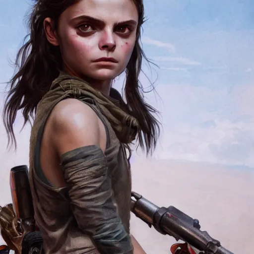 Image similar to dafne keen, mad max, cinematic shot, 8 k, art by artgerm and greg rutkowski and alphonse mucha