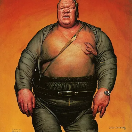 Prompt: dynamic upper body portrait of ray winstone as baron harkonnen in 1982 movie dune, by norman rockwell and boris vallejo