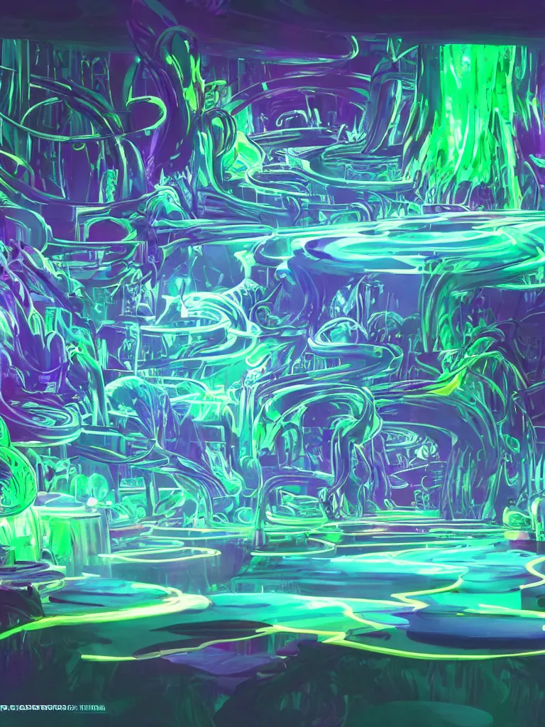Prompt: neon glowing fluid flowing through glass pipes by disney concept artists, blunt borders, rule of thirds