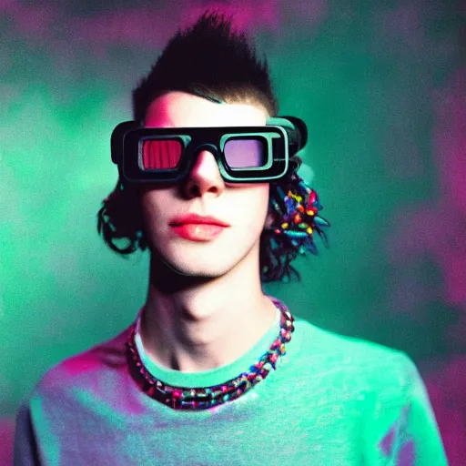 Image similar to kodak portra 1 6 0 photograph of a skinny nerdy goth guy with wild hair wearing goggles and eclectic jewelry, moody lighting, moody aesthetic, telephoto, 9 0 s vibe, rave background, vaporwave colors, faded!,