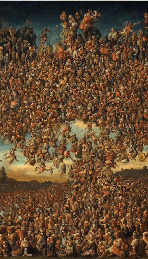 Prompt: Johfra bosschart painting of a bunch of people floating in the sky