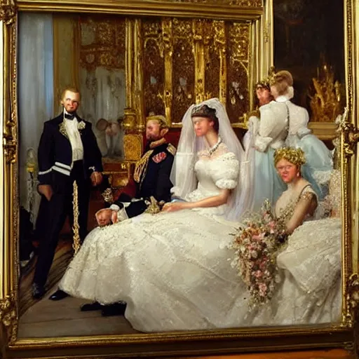 Prompt: painting of a royal wedding by Laurits Tuxen, highly detailed, fancy, high quality, oil painting, cinematic