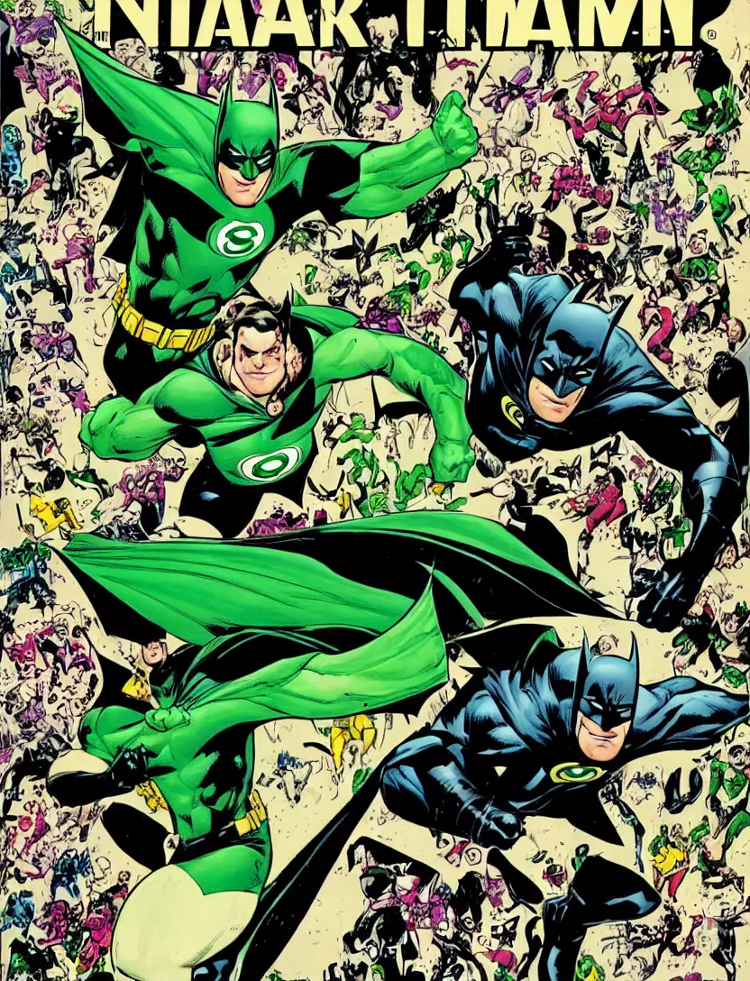 Image similar to a Batman comic cover from 1999 with Green Lantern on the background
