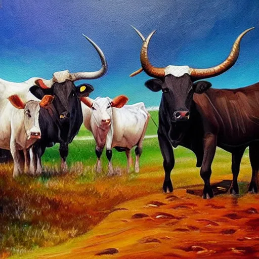 Image similar to 🐃🐄🍞🧙🌲🌉, high quality oil painting