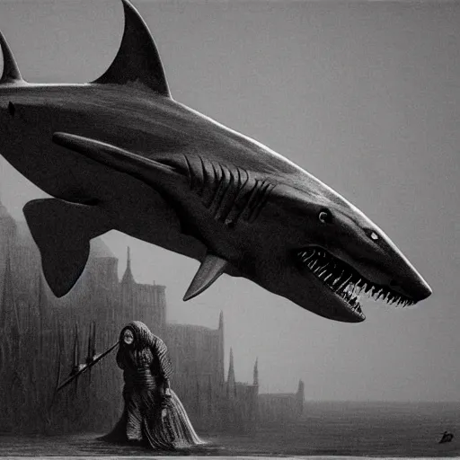 Image similar to shark in style of dark souls by zdzisław beksiński