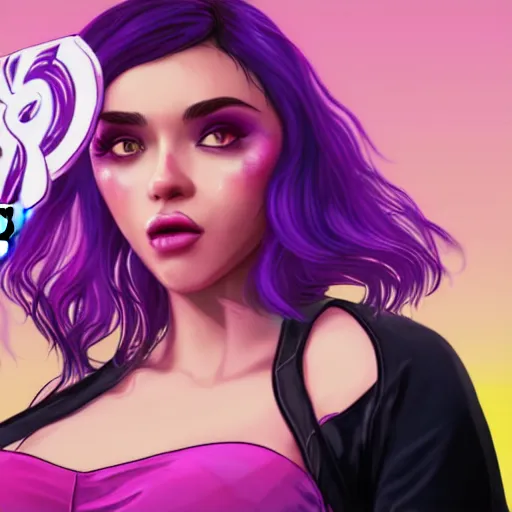 Image similar to a stunning GTA V loading screen with a beautiful woman with ombre hairstyle in purple and pink blowing in the wind licking a lollipop, digital art, trending on artstation