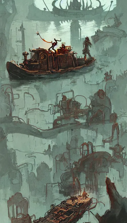 Image similar to man on boat crossing a body of water in hell with creatures in the water, sea of souls, by ian mcque