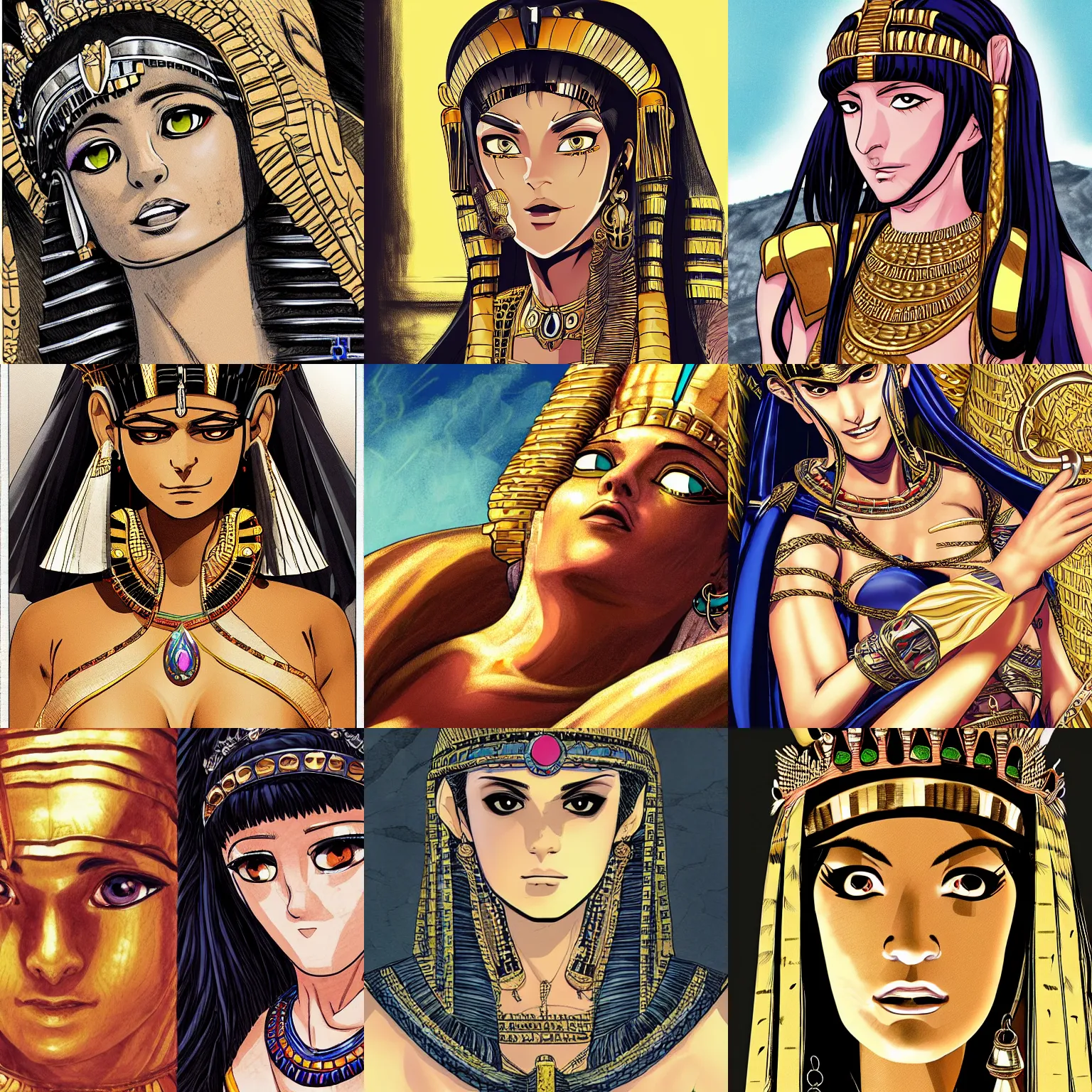 Prompt: close - up of queen cleopatra turned half mummy, by tite kubo, manga cover, incredible quality, trending on artstation